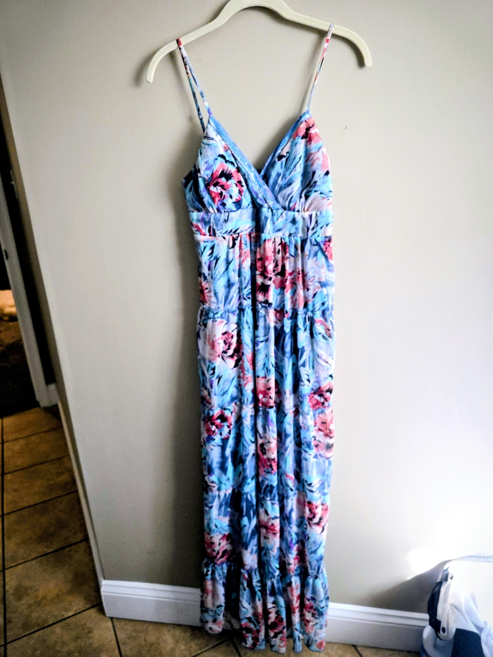 Floral Spaghetti Strap Maxi Dress in Blue and Pink